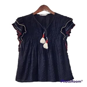 Acos&a Black Peasant Blouse SZ Small Ruffled Sleeve Tassel Tie Neck Embroidered